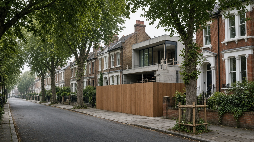Illustrative image, not the actual site or design: a tree-lined street of brick terraced houses where a new house rises behind timber site hoarding, with a street tree protected by a timber guard.