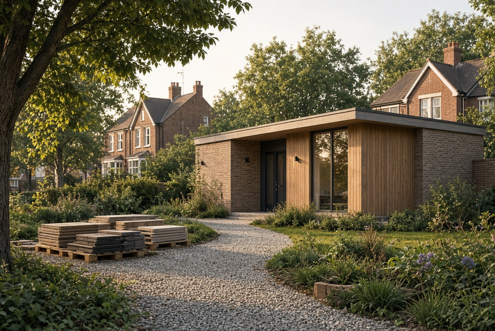 Illustrative scene — Illustrative image, not the actual site or design: a small new detached house in brick and vertical timber cladding in a leafy suburban garden, with a gravel path and building materials stacked on pallets, between existing brick houses and mature trees.