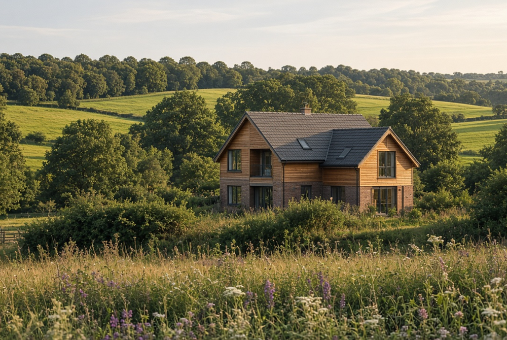 Illustrative scene — Illustrative image, not the actual site or design: a new timber-clad house among trees and hedgerows, seen across a wildflower meadow with rolling green fields behind.