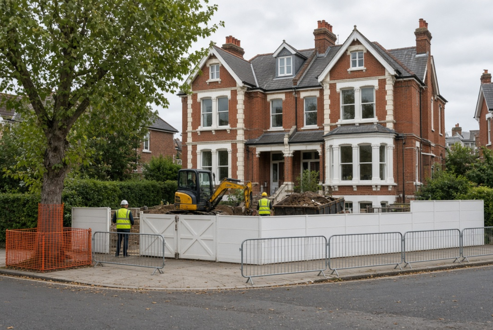 Illustrative scene — Photorealistic illustrative image, not the actual building or design: a large red-brick Victorian semi-detached house on a tree-lined London street behind white site hoarding and steel barriers, with a mini excavator, a spoil skip, two workers in high-visibility vests and orange protection fencing around a street tree.