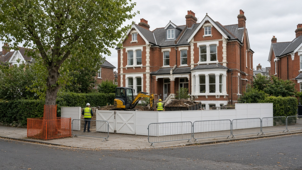 Photorealistic illustrative image, not the actual building or design: a large red-brick Victorian semi-detached house on a tree-lined London street behind white site hoarding and steel barriers, with a mini excavator, a spoil skip, two workers in high-visibility vests and orange protection fencing around a street tree.